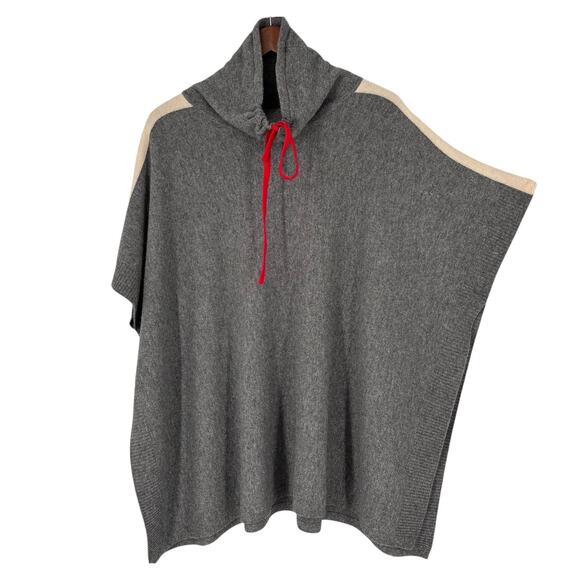 Tahari Gray Cashmere Wool Knit Red White Stripe Mock Neck Cape Poncho Topper - Picture 1 of 8
